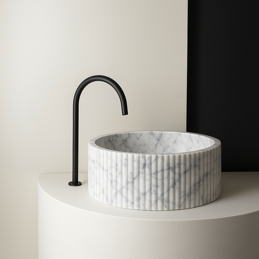 Ribbed Marble Basin – Minimalist Design with Black Matte Faucet