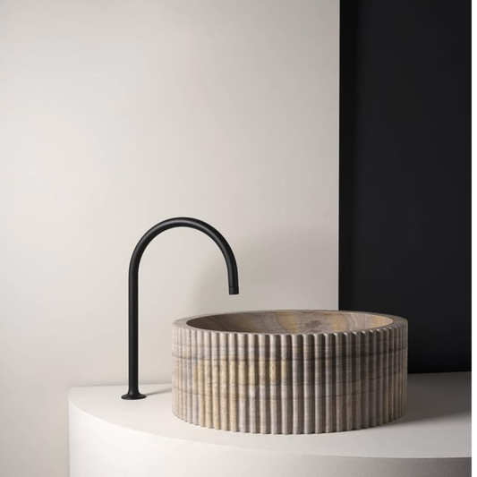 Ribbed Onyx Basin – Elegant Neutral Tones with Matte Black Faucet Description: