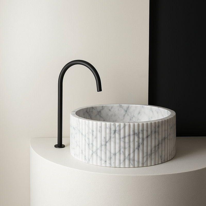 Ribbed Marble Basin – Minimalist Design with Black Matte Faucet